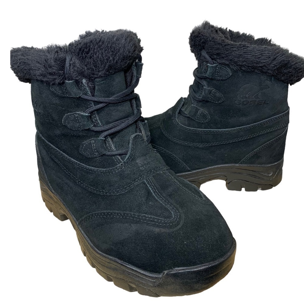 Sorel Winter Suede Boots Sz 7 Black Lace Up Fur Fleeced Ankle Booties
